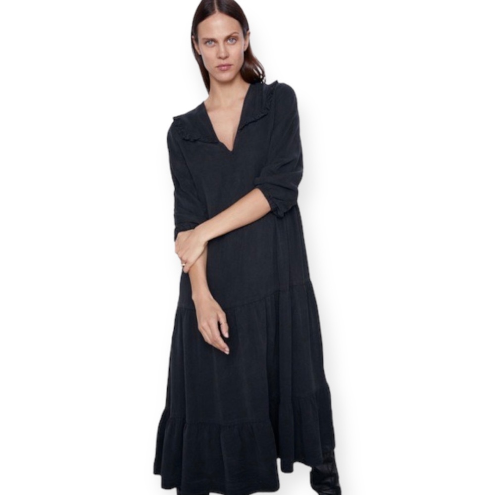 Zara Black Ruffled Long Midi Boho Rossie Dress